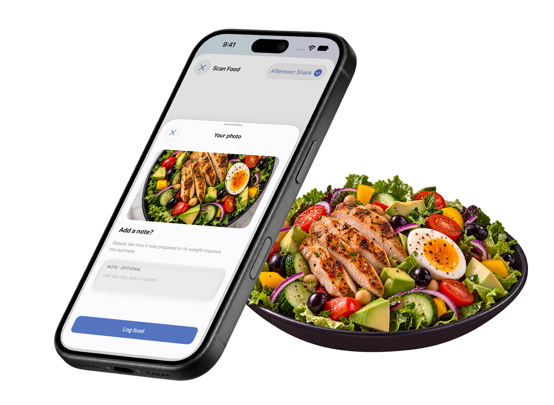 Blueberry food photo logging screen beside a salad